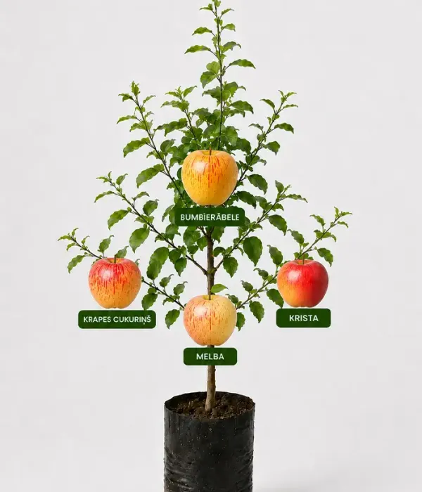 Familien-Apfelbaum (Malus domestica) KRAPES CUKURIŅŠ + BUMBIERĀBELE + MELBA + KRISTA 26/19