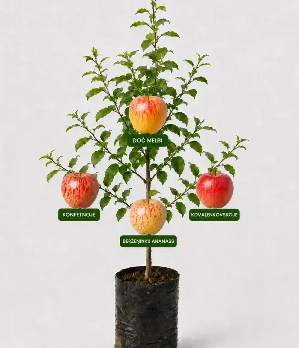 Rodinná multi-jabloň (Malus domestica) KONFETNOJE + DOČ MELBI + BERŽEŅINKU ANANASS + KOVAĻENKOVSKOJE 26/3